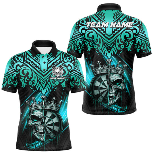 Maxcorners Teal Tribal Cracked Crown Skull Dartboard Men Darts Polo Shirt Custom Dart League Shirt