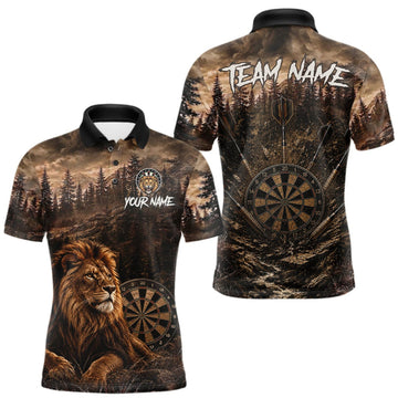 Maxcorners Funny Lion Dart Polo Quarter-Zip Shirt For Men Custom Brown Grunge Forest Dart Tournament Jersey LM0609
