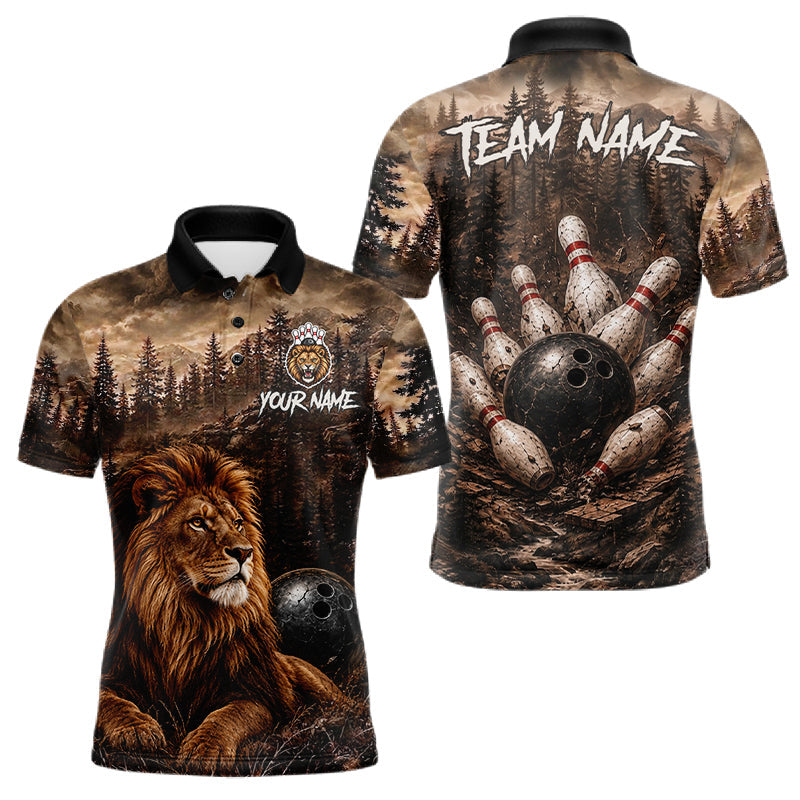 Maxcorners Funny Lion Bowling Shirts For Men Custom Grunge Forest Polo & 1/4 Zip Bowling Team Jersey