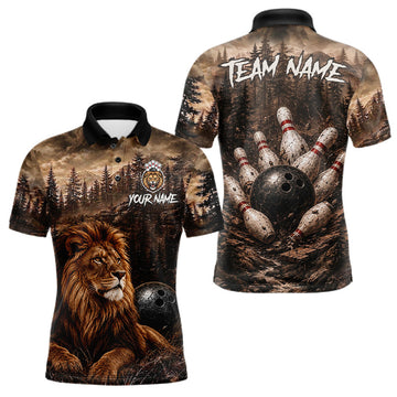 Maxcorners Funny Lion Bowling Shirts For Men Custom Grunge Forest Polo & 1/4 Zip Bowling Team Jersey