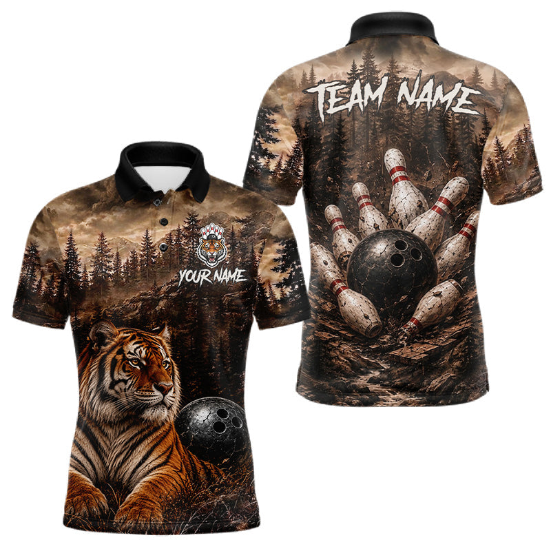 Maxcorners Funny Tiger Bowling Shirts For Men Custom Grunge Forest Polo & 1/4 Zip Bowling Team Jersey