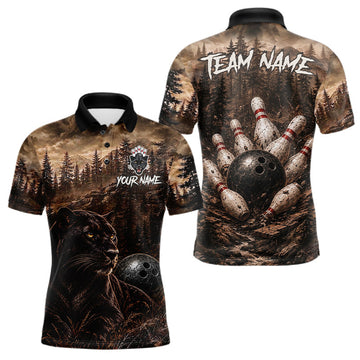 Maxcorners Funny Panther Bowling Shirts For Men Custom Grunge Forest Polo & 1/4 Zip Bowling Team Jersey