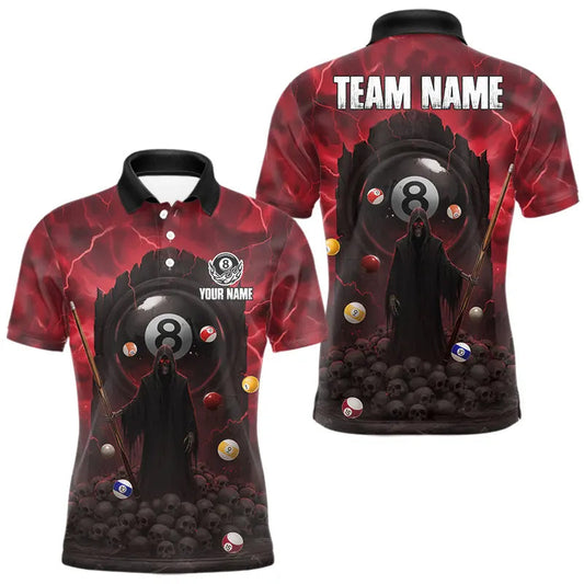 Maxcorners Red Multi-Skull 8 Ball Pool Men Polo & 1/4-Zip Team Shirt Custom Billiard Ball & Cue Gifts LM0901