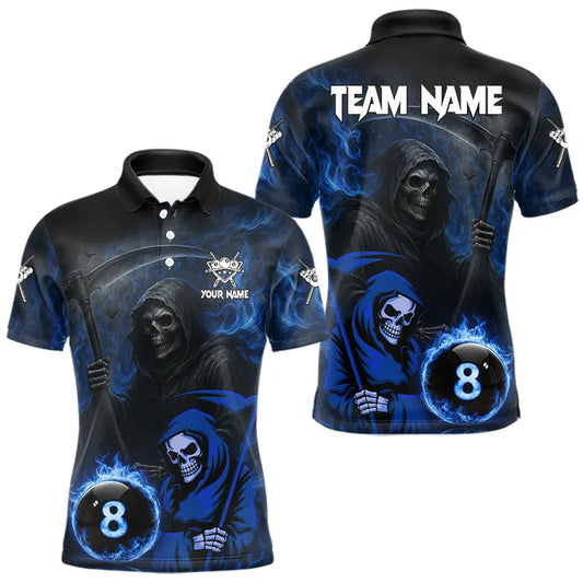 Maxcorners Blue Flames 8 Ball Pool Billiard Team Shirt For Men Custom Grim Reaper Billiard Balls Jerseys LM0901