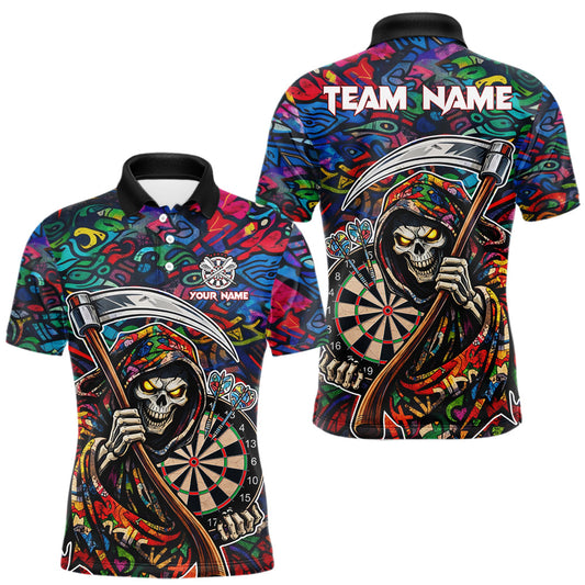 Maxcorners Graffiti Grim Reaper Dartboard & Arrow Darts Polo Shirt For Men Custom Funny Dart Team Shirt