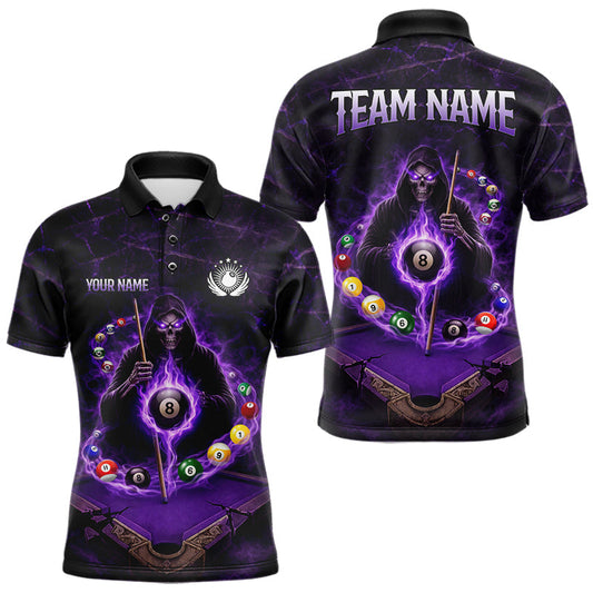 Maxcorners Grunge Grim Reaper Billiard Pool Men Billiard Shirts Custom Flame 8 Ball Pool Billiard Team Jerseys