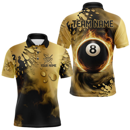 Maxcorners Custom Black And Gold Splatter Billiard Pool Shirts For Men Flame 8 Ball Billiard Team Attire LM1705