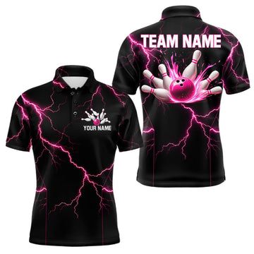 Maxcorners Thunder Lightning Men Bowling Shirt Custom Pink Splatter Bowling Ball & Pins Team Shirts LM1005