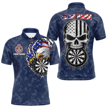 Maxcorners Personalized American Flag Skull Eagle Camo Darts Shirts For Men Patriotic Darts Team Outfits | Blue