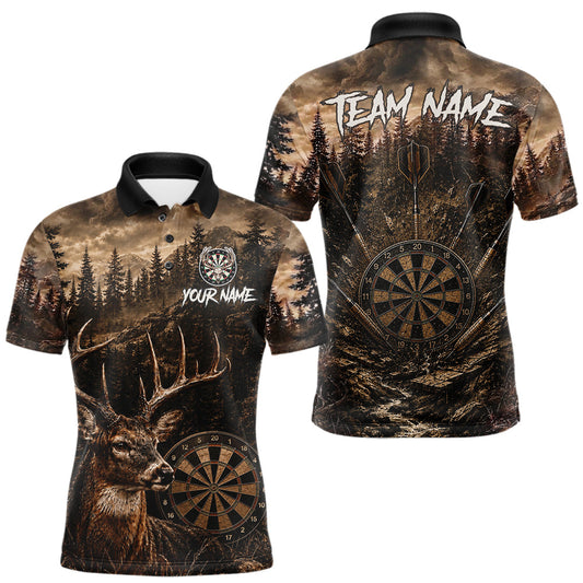 Maxcorners Funny Deer Dart Polo Quarter-Zip Shirt For Men Custom Brown Grunge Forest Dart Tournament Jersey