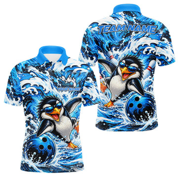Maxcorners Custom Penguin Bowling Jersey For Men Blue Wave Funny Bowling Polo 1/4-Zip Jersey Bowler Gift