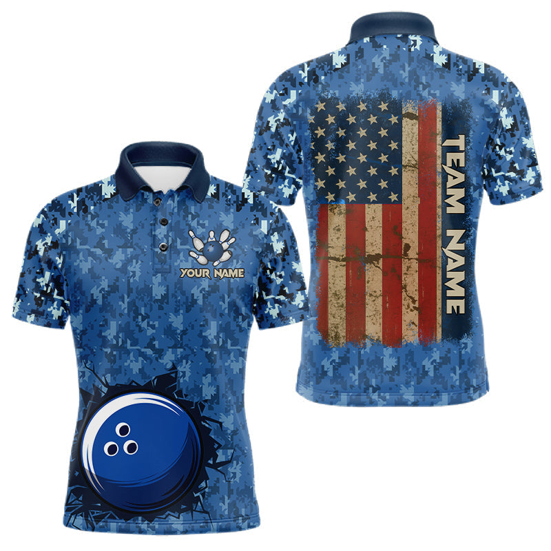 Maxcorners Custom Bowling Polo 1/4-Zip Shirt For Men Patriotic USA Flag & Blue Camo Bowler Team Jersey