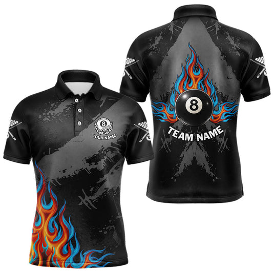 Maxcorners Blue And Red Flames 8 Ball Pool Men Polo & 1/4-Zip Team Shirts Custom Billiards Ball Shirt LM1104