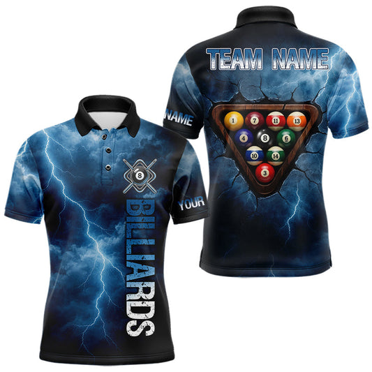 Maxcorners Thunder Lightning Blue Billiard Shirts For Men Custom Cracked 8 Ball Pool Billiard Team Jerseys LM1005