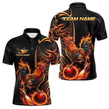 Maxcorners Personalized Flame Rooster Funny Bowling Shirts For Men, Orange Tribal Bowling Shirts Team Uniform