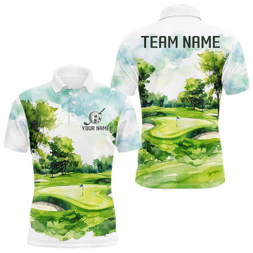 Maxcorners Mens Golf Polo Shirts Personalized Green Watercolor Golf Course Matching Couples Golf Shirts