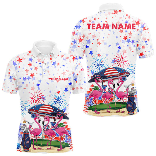 Maxcorners American Flag Mens Golf Polo Shirts Custom Patriotic Pink Flamingo White Golf Tournament Shirts LM1307