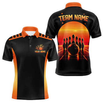 Maxcorners Personalized Sunset Bowling Polo 1/4-Zip For Men Custom Retro Orange Bowling Tournament Team Shirt