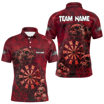 Maxcorners Custom Grunge Red Dartboard Multi-Skull Dart Men Polo Shirt Dart Team Jerseys LM0404