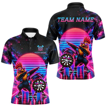 Maxcorners Funny Dabbing Rooster Darts Polo 1/4-Zip Shirt Personalized Men Darts Apparel Retro 80S Darts Team Jersey