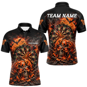 Maxcorners Custom Skull Pumpkin Darts Polo 1/4-Zip Shirt For Men Spooky Halloween Darts Tournament Jersey LM1910