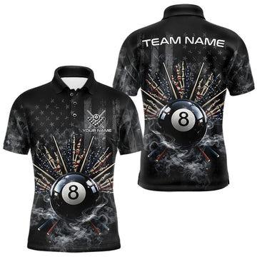 Maxcorners US Flag Grey Smoke Skull Bone 8 Ball Men Billiards Shirt Personalized Pool Balls Billiard Team Names LM1202