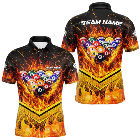 Maxcorners Yellow Flames Hexagon Pool Ball Set Billiards Shirt For Men Personalized Pool Balls 8 Billiard Attire LM1202