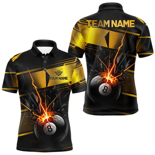 Maxcorners Thunder Cracked 8 Ball Billiard Shirt For Men Custom Black And Gold Billiard Pool Team Jersey LM1705