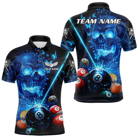 Maxcorners Blue Skull Thunder Pool 8 Ball Men's Billiard Polo & 1/4-Zip Shirt Custom Billiards Team Apparel