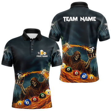 Maxcorners Funny Grim Reaper Play Beer & Pool 8 Ball Men's Billiard Team Shirt Custom Billiard Attire LM1501
