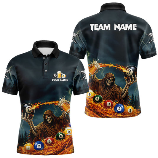 Maxcorners Funny Grim Reaper Play Beer & Pool 8 Ball Men's Billiard Team Shirt Custom Billiard Attire