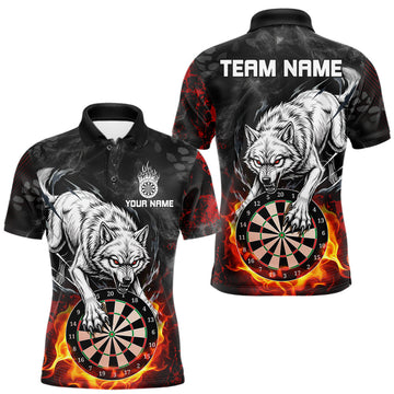 Maxcorners Fire Flame Funny Wolf Darts Polo & 1/4 Zip For Men Personalized Grunge Dart Team Shirts | Red LM1705