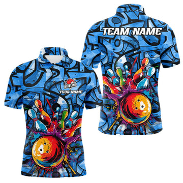 Maxcorners Blue Graffiti Women Bowling Polo Quarter Zip Shirt Custom Splash Bowling Team League Jerseys LM2709