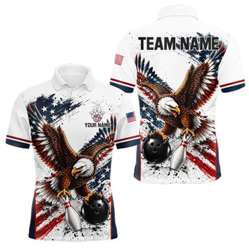 Maxcorners Patriotic Bowling Shirt For Women Custom American Flag Bowling Polo 1/4-Zip Eagle Retro Bowling Jersey LM2709