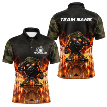 Maxcorners Military Camo Bowling Polo 1/4-Zip Shirt For Men Personalized Fire Bowling Pins Bowling Team Jersey LM1910