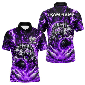Maxcorners Purple Lightning Thunder Angry Lion Bowling Polo 1/4 Zip Shirt For Men Custom Lion Bowling Team Jersey LM0409