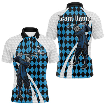 Maxcorners Golfer Skeleton Golf Polo Shirts For Men Custom Blue Argyle Pattern Team Name Golf Clothes LM1705