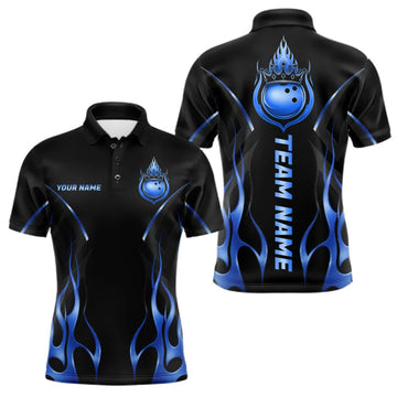 Maxcorners Black And Blue Crown Bowling Ball Polo 1/4-Zip Shirts For Men Custom Fire Flame Bowling Team Jersey LM1508
