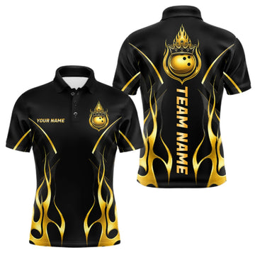 Maxcorners Black And Gold Crown Bowling Ball Polo 1/4-Zip Shirts For Men Custom Fire Flame Bowling Team Jersey LM1508