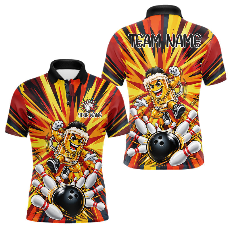 Maxcorners Funny Beer Bowler Bowling Shirt For Men Personalized Yellow Strikes Bowling League Team Jersey