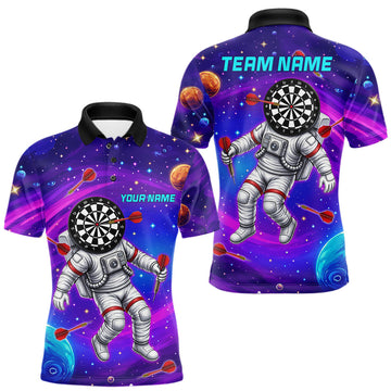 Maxcorners Funny Dartboard Astronaut Men Darts Polo & 1/4-Zip Shirts Custom Colorful Galaxy Dart Team Attire