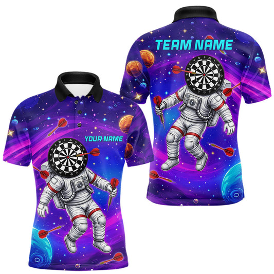 Maxcorners Funny Dartboard Astronaut Men Darts Polo & 1/4-Zip Shirts Custom Colorful Galaxy Dart Team Attire