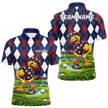Maxcorners Custom Argyle Duck Men Golf Polo Shirt Funny Duck Golfer Maroon Navy Argyle Golf Jersey Golf Gift LM1910