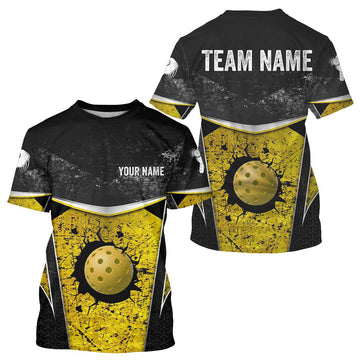 Maxcorners Custom Black And Grunge Yellow Pickleball Shirts For Men, Cracked Pickleball Ball Team Shirt LM1904
