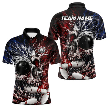 Maxcorners Red And Blue Grunge Skull Mens Bowling Polo Quarter-Zip Shirt Custom Youth Bowling Team Outfits