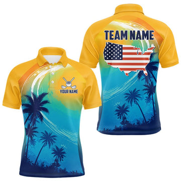 Maxcorners Summer Palm Trees Mens Golf Polo Shirts Personalized US Flag Golf Attire, Team Golf Gifts LM2306