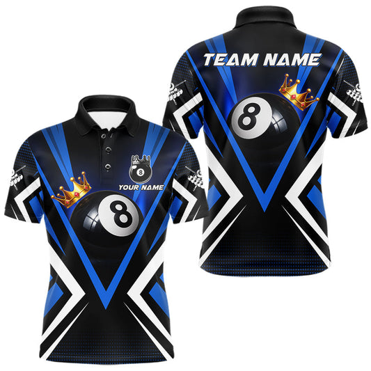Maxcorners Personalized Crown 8 Ball Pool Black And Blue Polo Shirts For Men, Custom Billiard Team Apparel