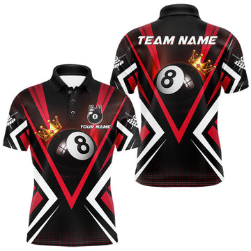Maxcorners Personalized Crown 8 Ball Pool Black And Red Polo Shirts For Men, Custom Billiard Team Apparel