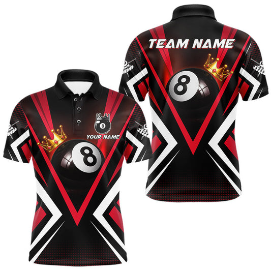 Maxcorners Personalized Crown 8 Ball Pool Black And Red Polo Shirts For Men, Custom Billiard Team Apparel