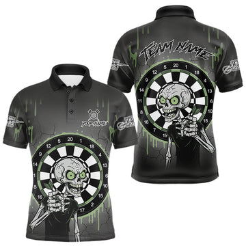 Maxcorners Custom Grey & Green Dartboard Funny Skeleton Dart Men Polo Jerseys Dart Team Shirts LM2603